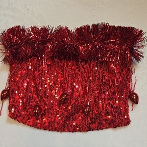 Love on a Hanger New Red Tinsel Bulbs Sequin Strapless Fringe Crop Top Sz S Or M